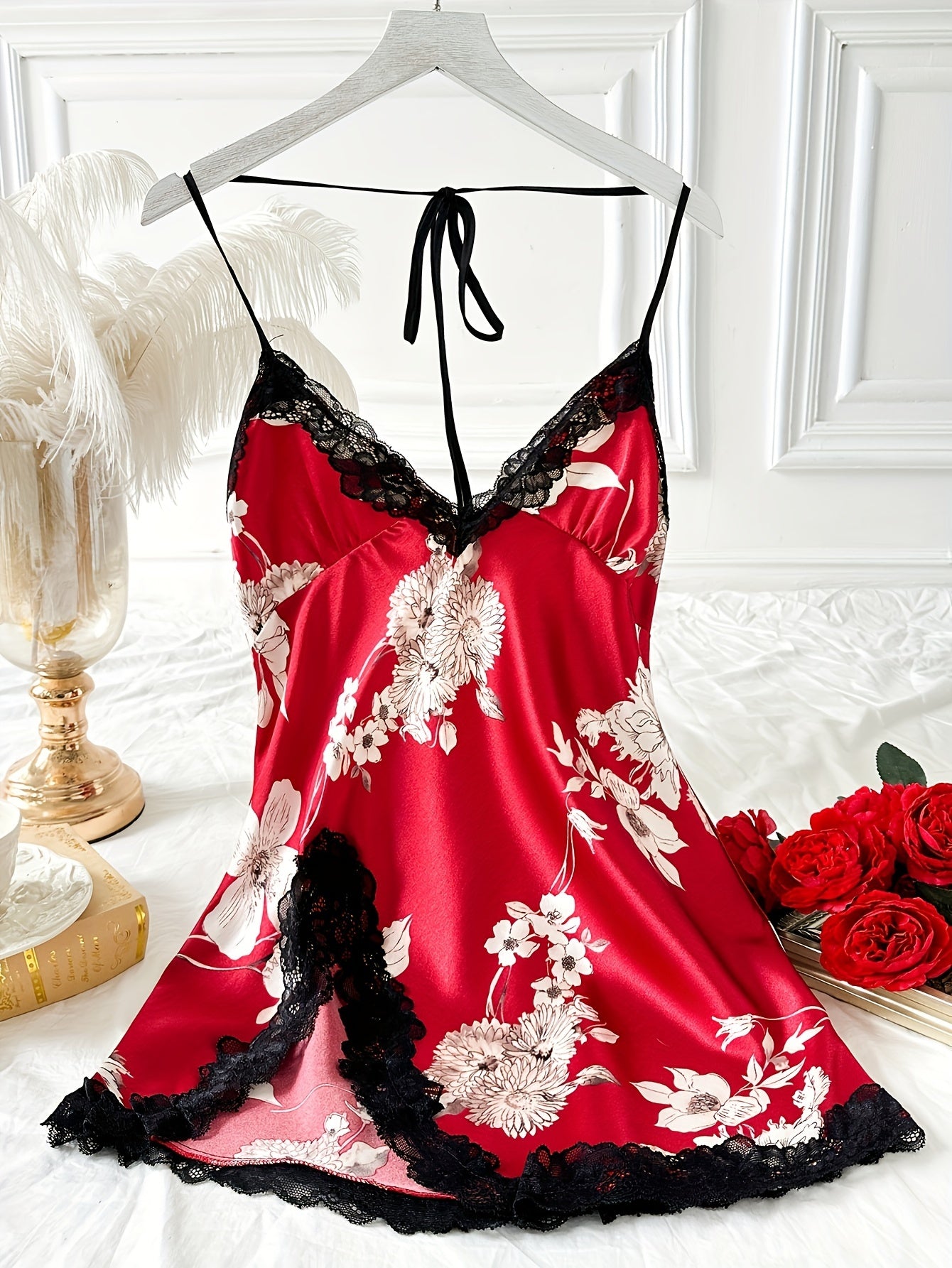 Women's Satin Lace Nightgown with Floral Print Halter Neck Split Hem Sleepwear