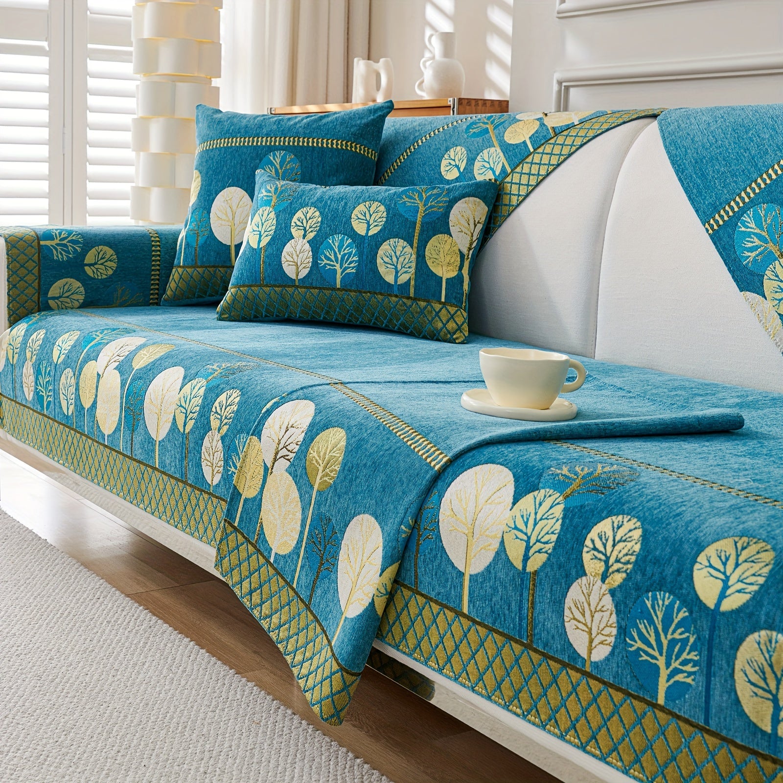 Bohemian Style Sofa Cover with Moonlight Forest Tree Pattern Non-Slip Machine Washable for Single to Quadruple Seat Sofas