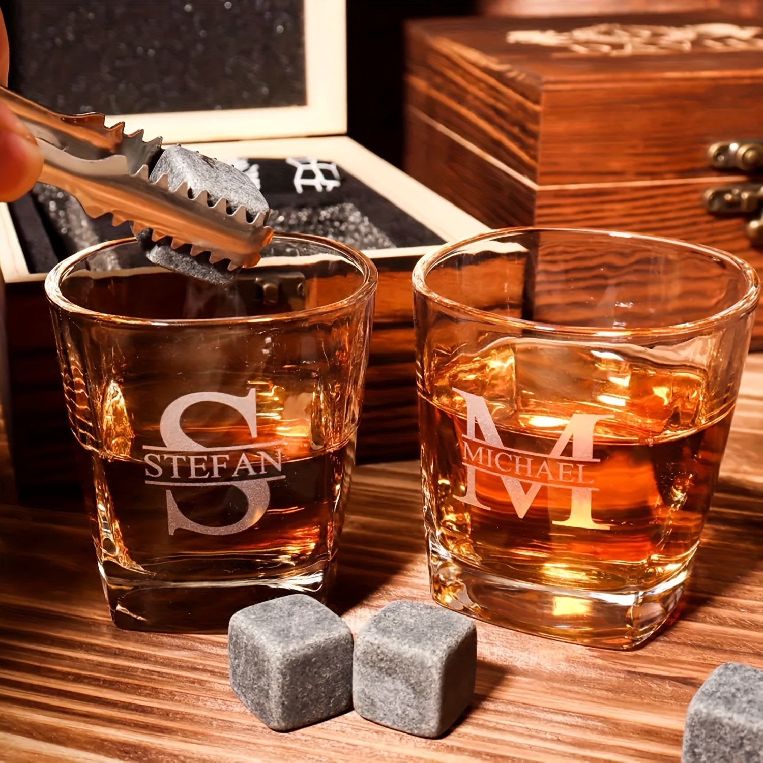Set of 4 Personalized Whiskey Glasses with Wooden Box Gift Set for Groomsmen Fathers and Bachelors