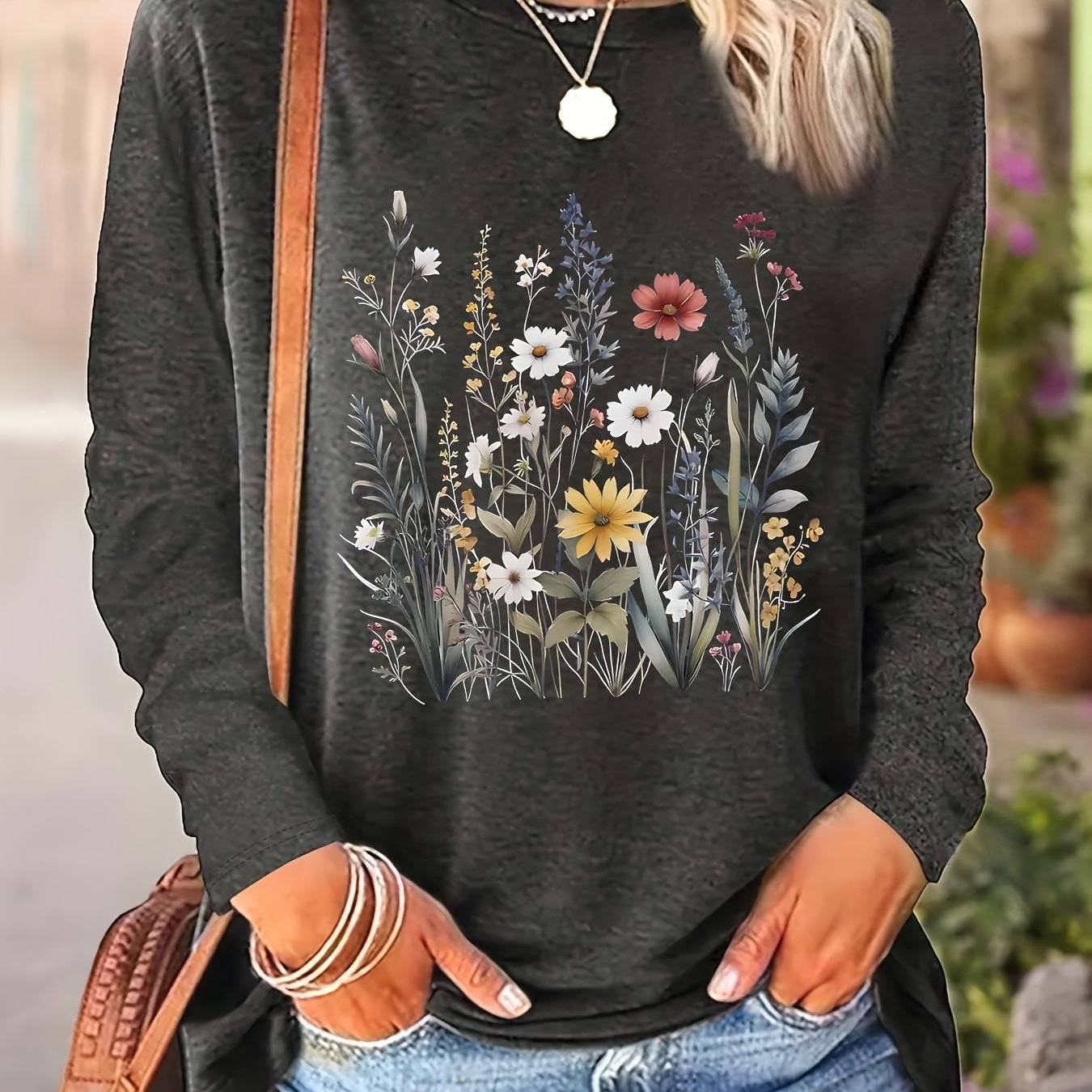 Women's Plus Size Floral Print Long Sleeve T-Shirt for Spring Fall