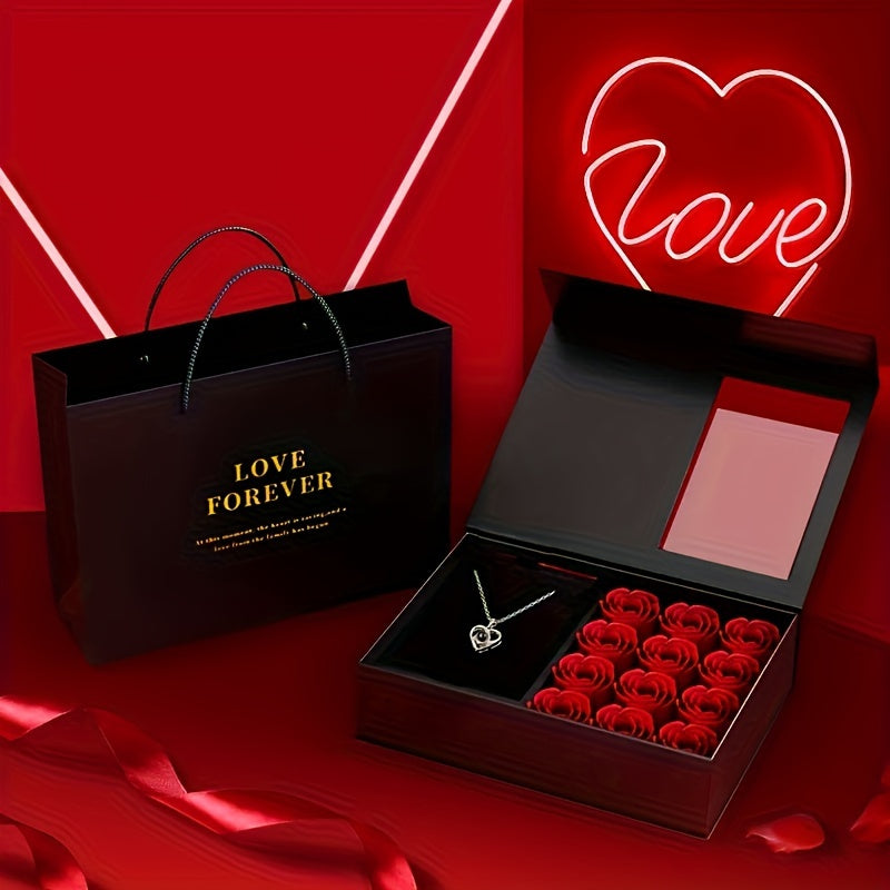 Heart Pendant Necklace Set with Red Rose for Valentine's Day and Gift