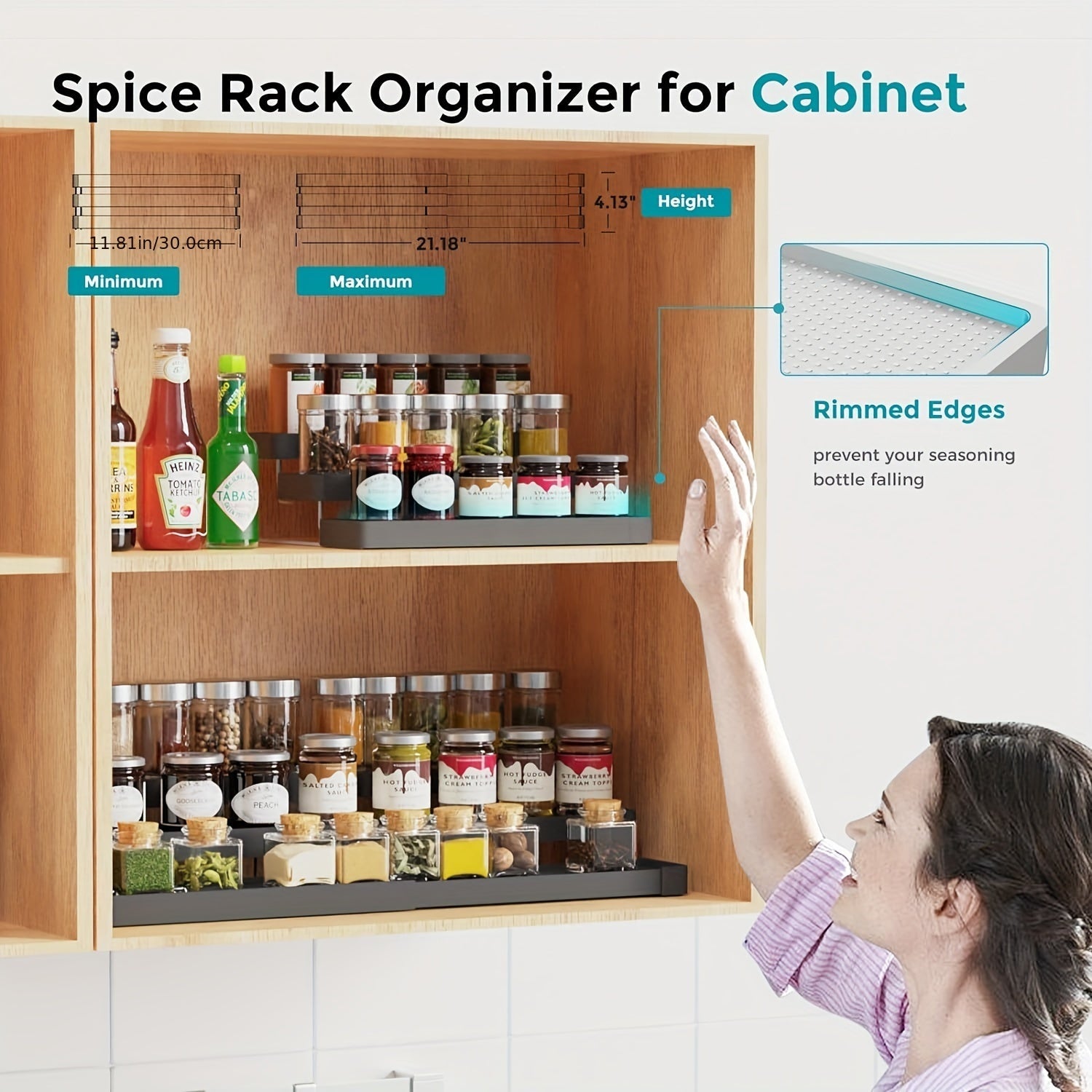 Expandable Spice Storage Organizer with Adjustable Tiers for Kitchen Cabinets and Pantry