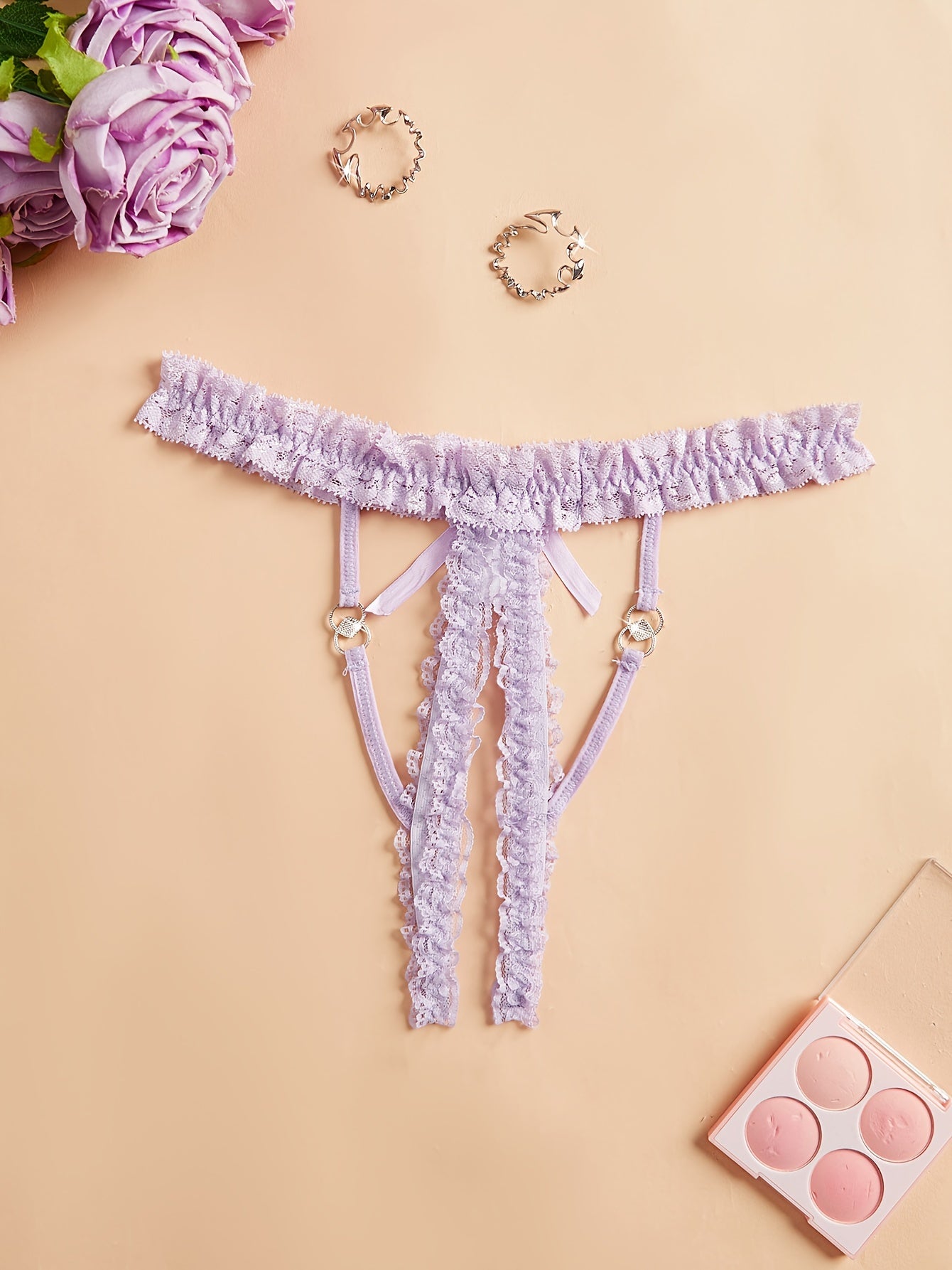 Lingerie Lace Thong Garter Jockstrap Solid Color Knit Fabric Crotchless