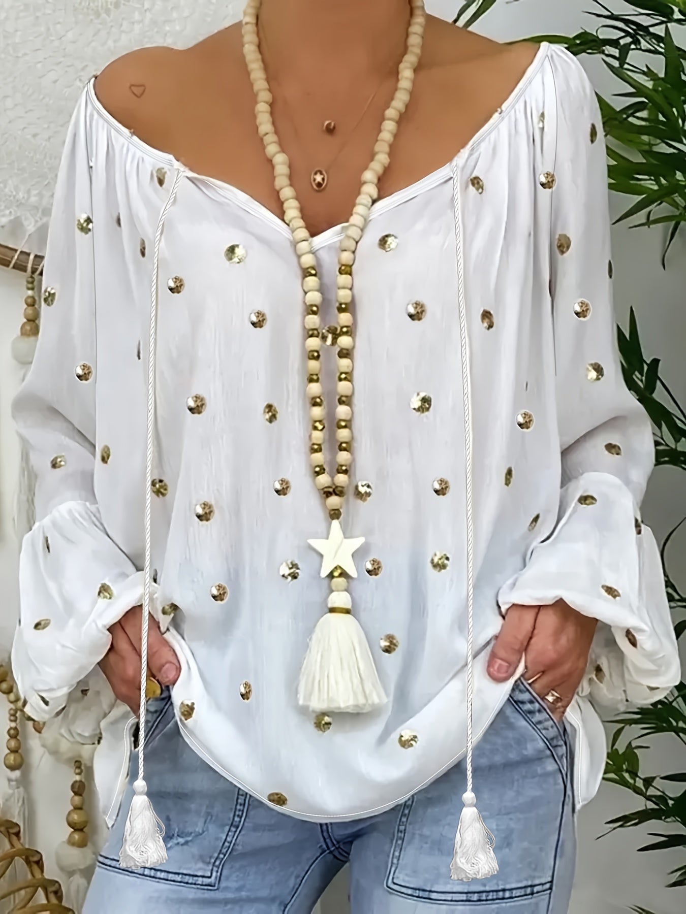 Polka Dot Tie Neck Blouse for Plus Size Women Long Sleeve Woven Polyester Spring Fall