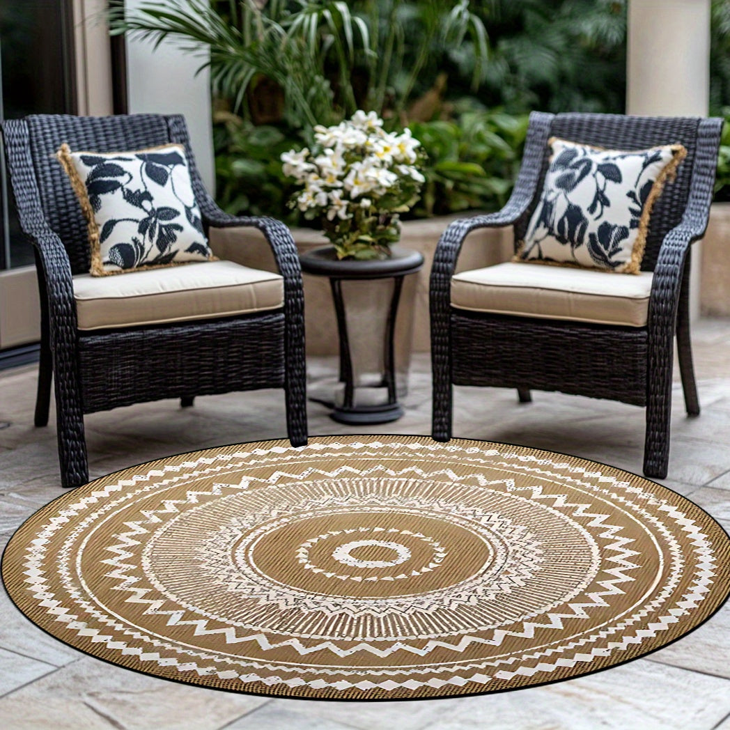 Bohemian Jute Round Area Rug with White Patterns Non-Slip Washable Large Indoor Outdoor Decor