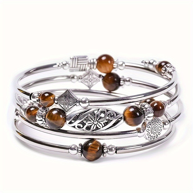 Bohemian Style Multi-Layered Crystal Bracelet with Turquoise Tiger's Eye Stones