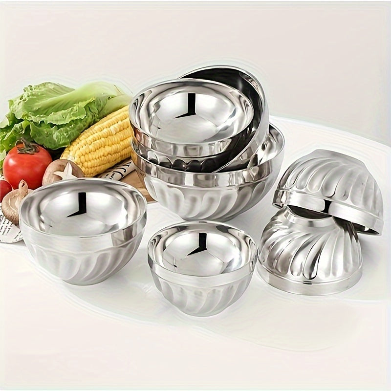 Set of 5 Stainless Steel Bowls with Double-Layered Heat Insulation for Salads Noodles Soups Desserts