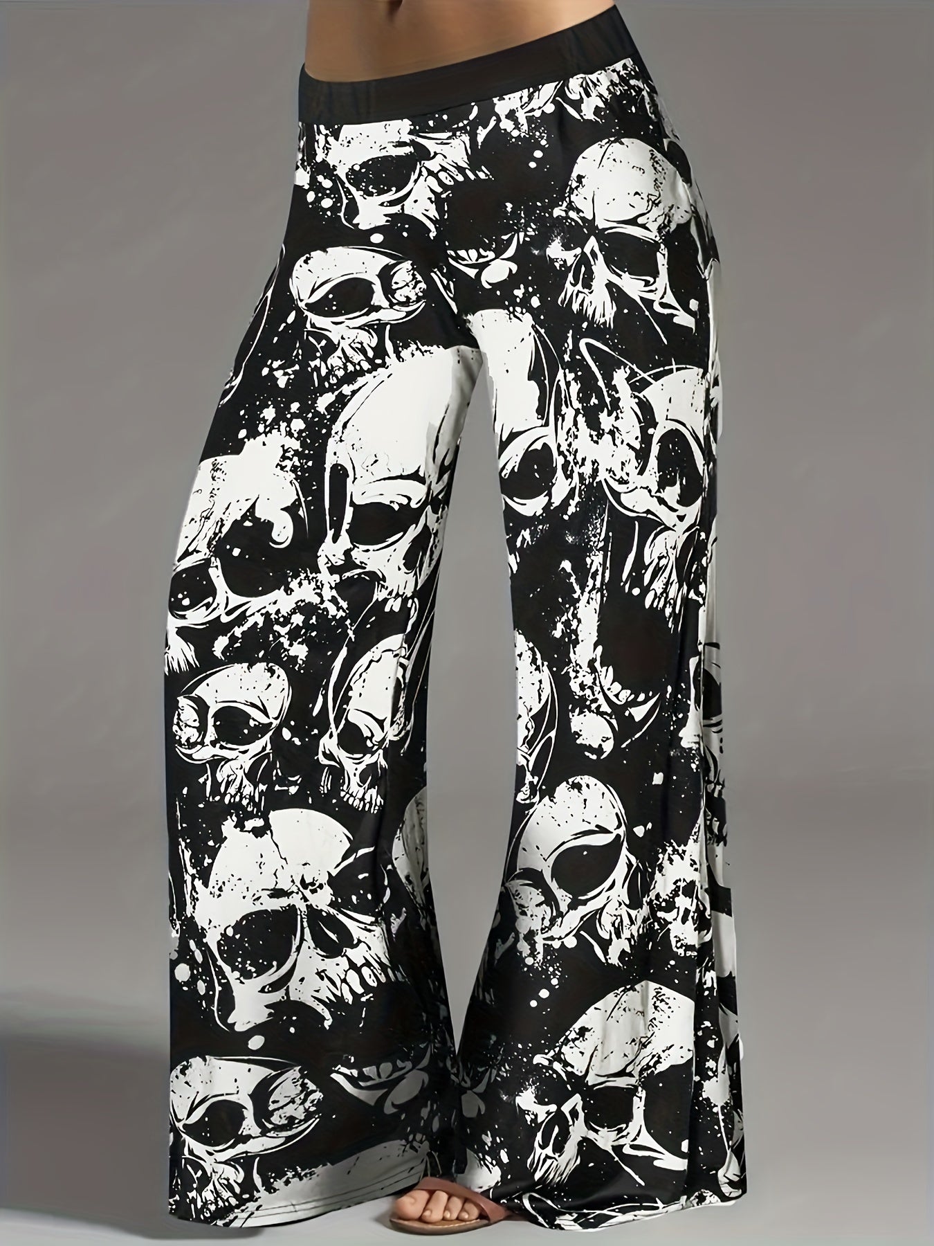 Plus Size Women's Skull Print Wide Leg Pants Casual Black White All-Season