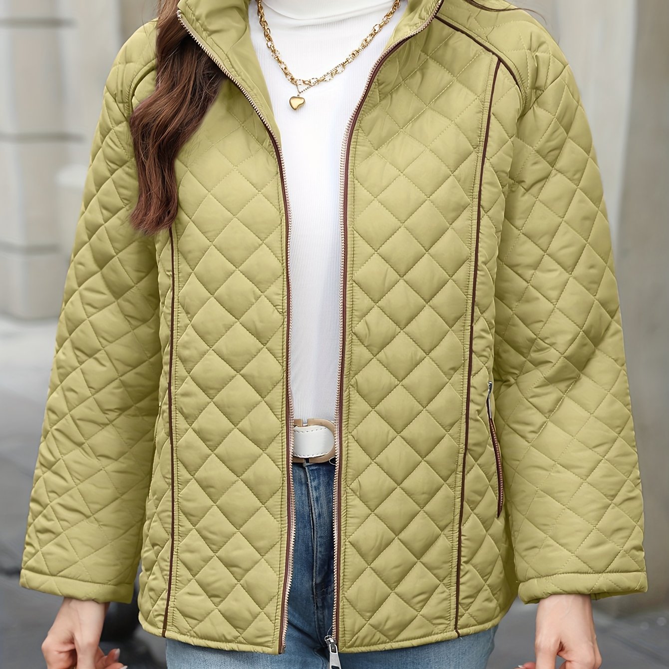 Women's Plus Size Quilted Outerwear with Stand Collar Zipper Long Sleeve Fall Winter