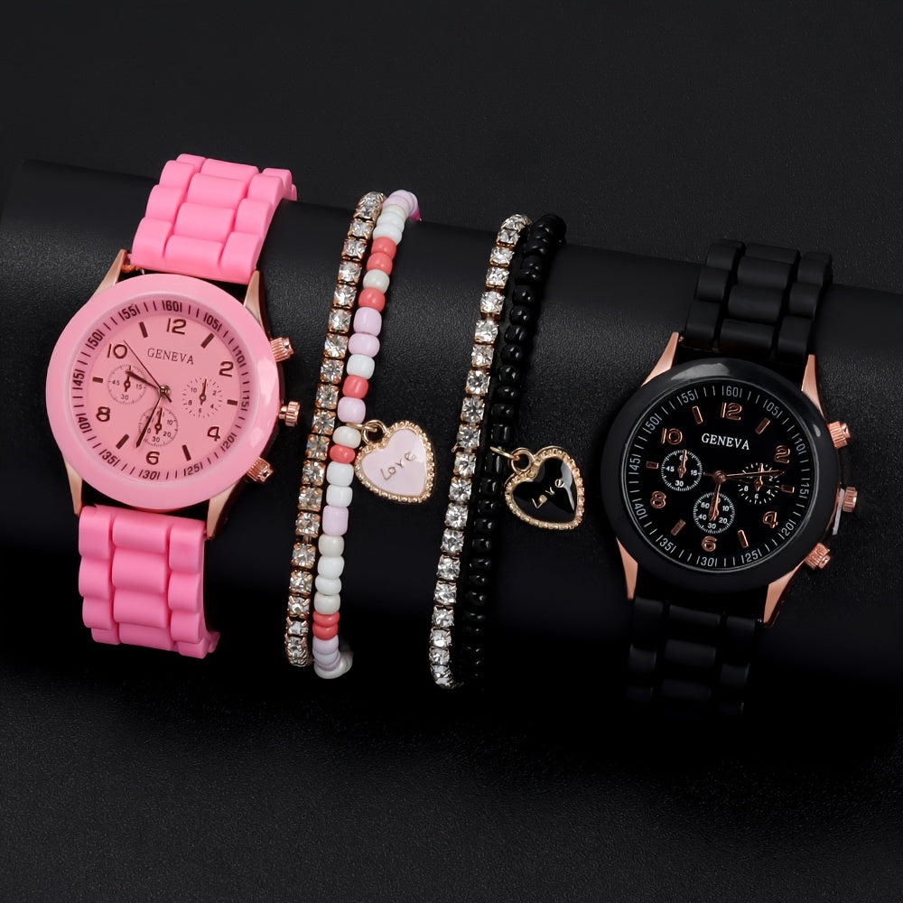 4-Piece Couple Quartz Watch Set with Colorful Love Magnetic Necklace Soft Strap Gift for Valentine's