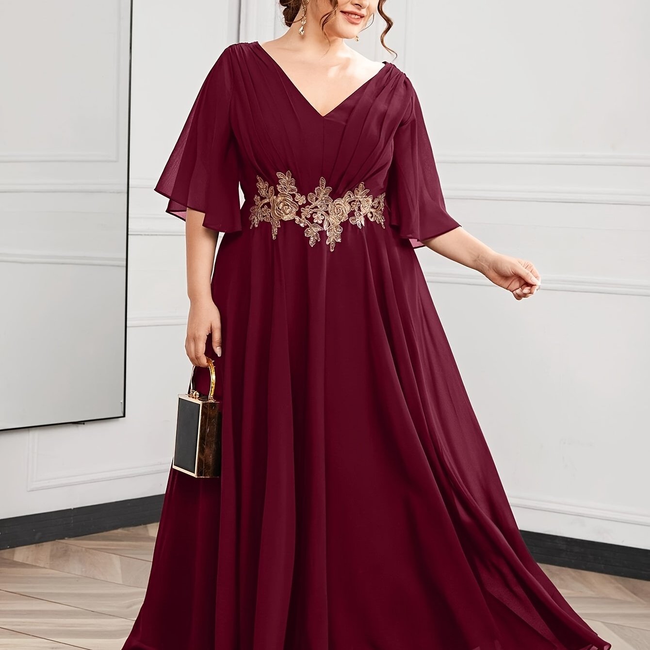 Платье для подружек невесты большого размера с цветочным рукавом и V-образным вырезом, короткий рукав, свадебное