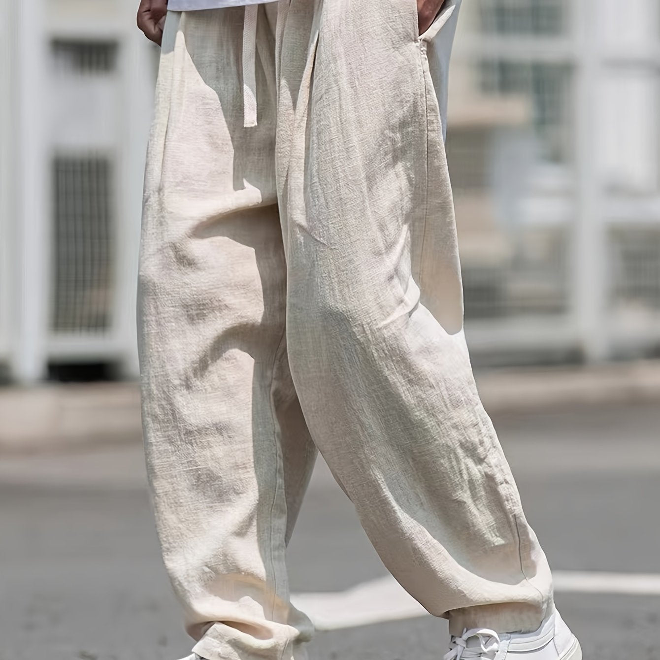 Men's Linen Drawstring Trousers Casual Loose Fit Solid Color All-Season