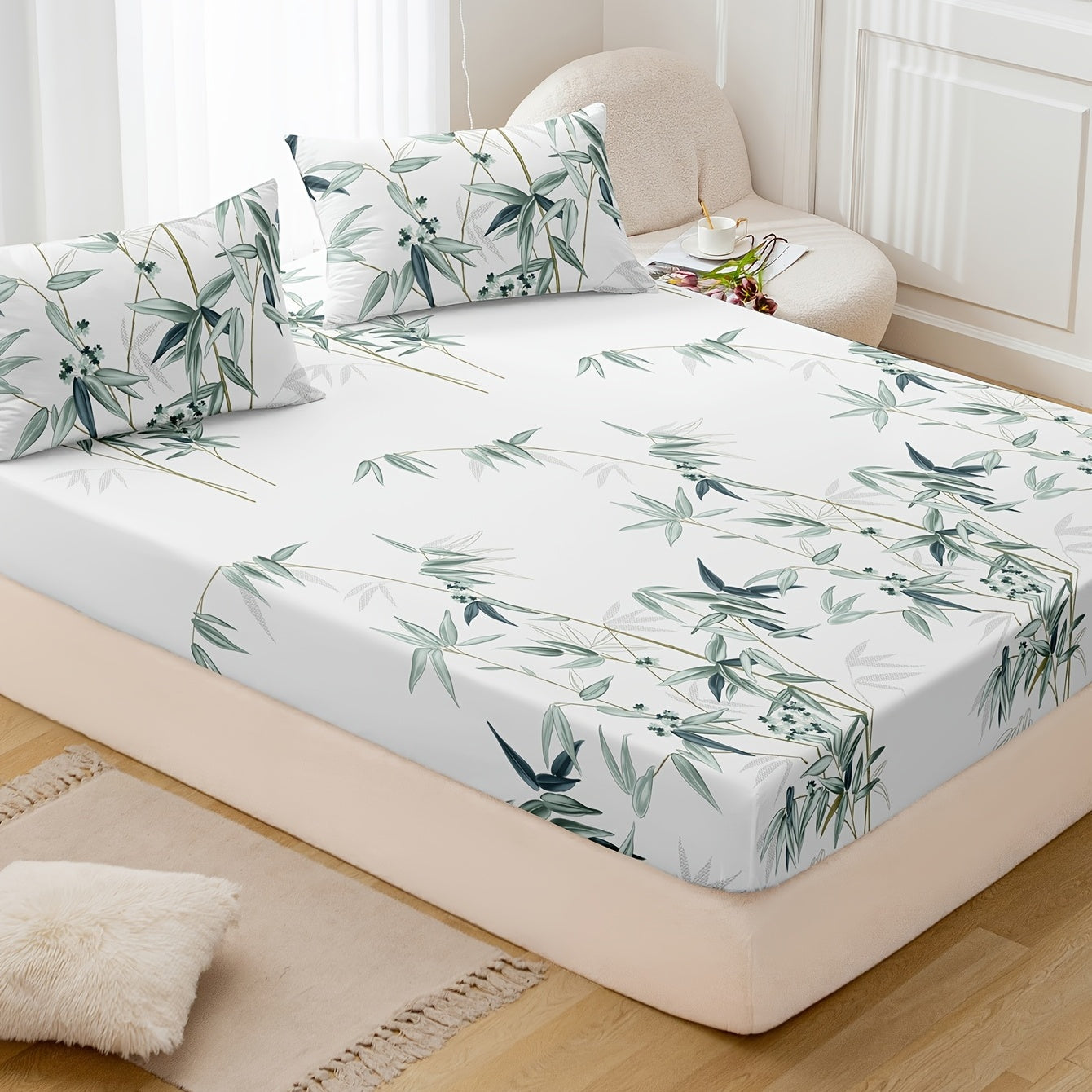 Set of 3 Plant Printed Fitted Sheets Bedding Set Breathable Soft for Bedroom and Guest Room