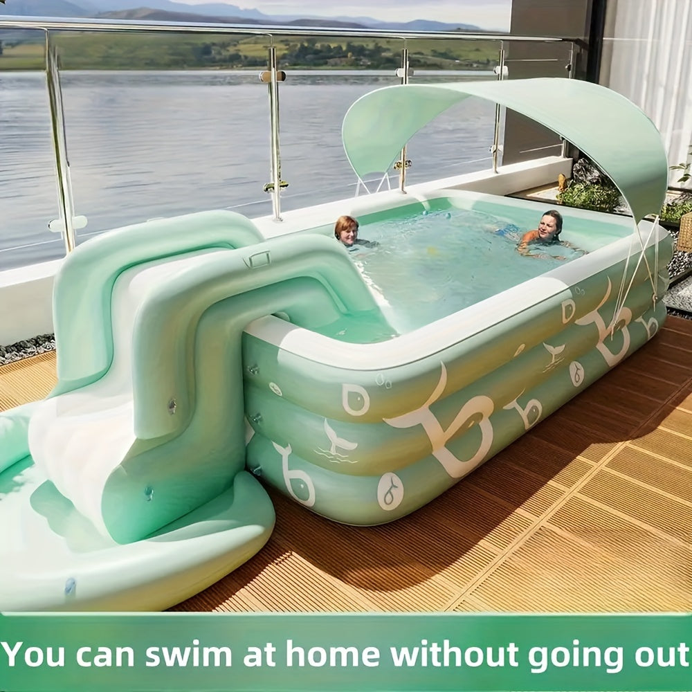 Inflatable Family Pool with Sunshade Slide and Foot Pump