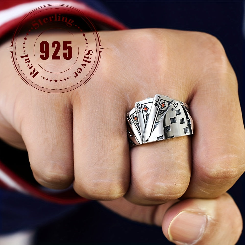 Unisex Sterling Silver Hip-Hop Style Poker Ring Open Band for Daily Wear and Parties