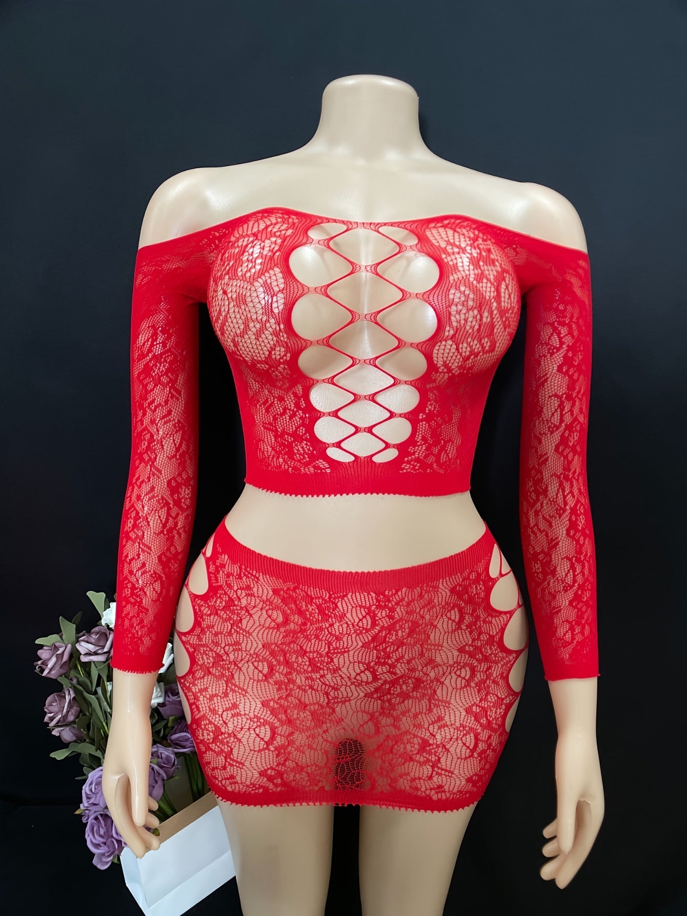 Женский комплект белья с крупной сеткой, с длинными рукавами, прозрачный, с вырезами