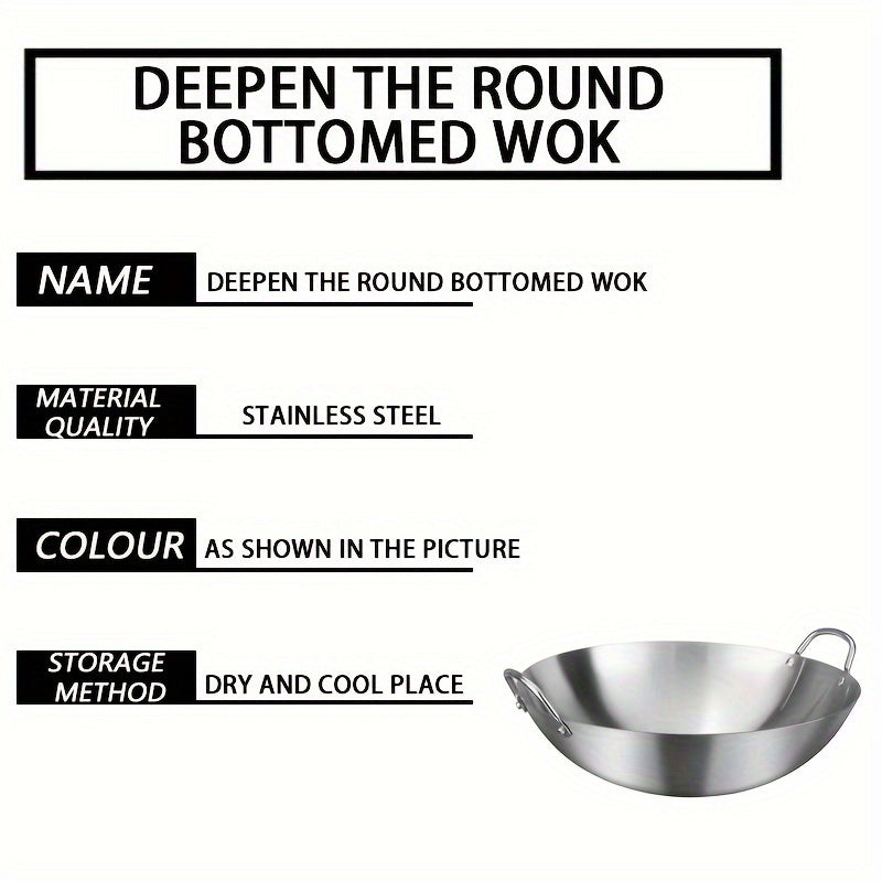 Stainless Steel Wok 38cm Heavy-Duty Uncoated Pan for Restaurant or Home Cooking