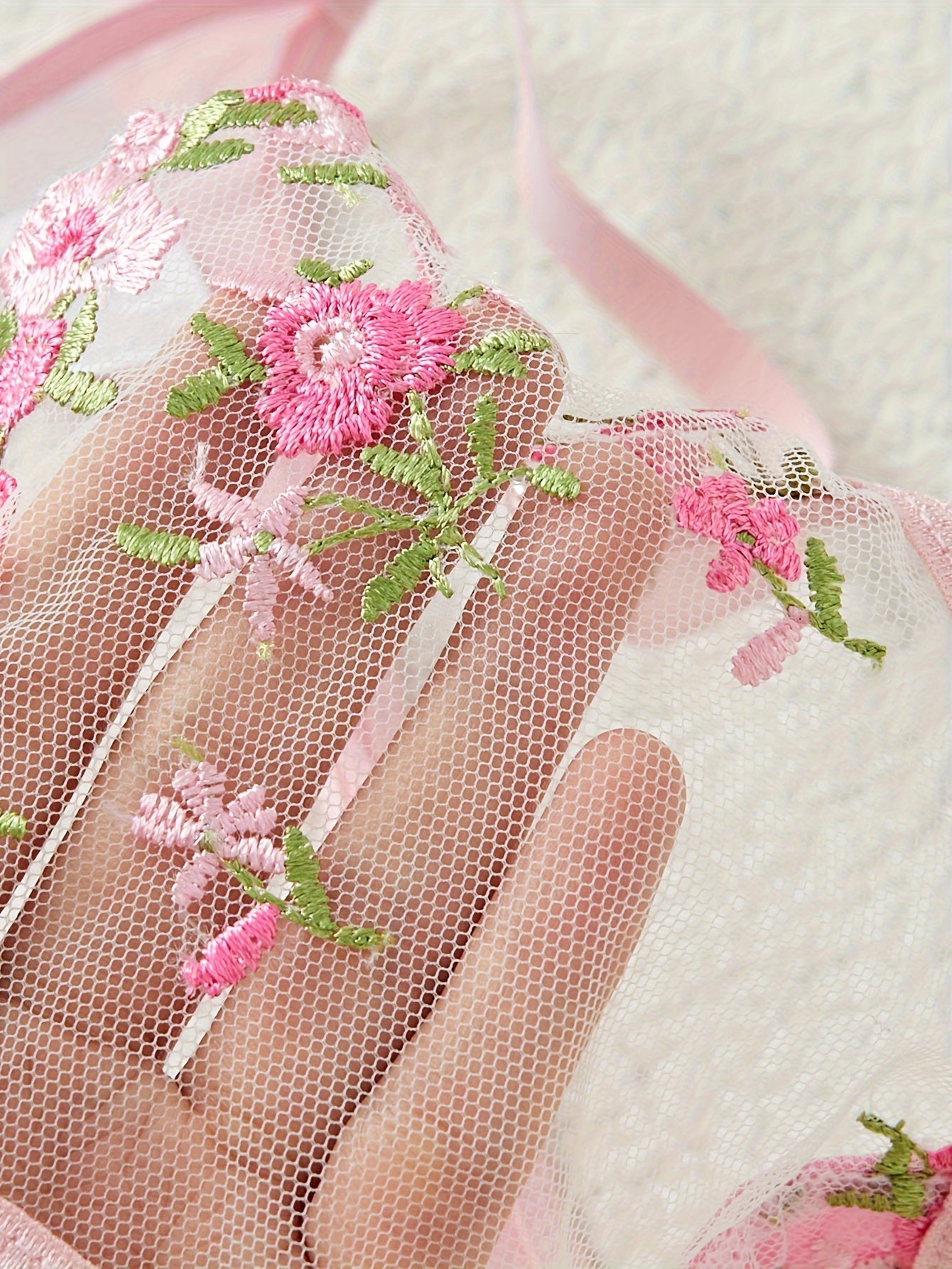 Women's Floral Embroidered Lingerie Set with Semi-Sheer Mesh Bra and Thong