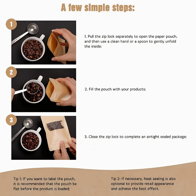 50/25 Водонепроницаемые крафт-пакеты с окном для кофе, с возможностью повторного закрытия и запечатывания для упаковки в домашних условиях или для бизнеса.