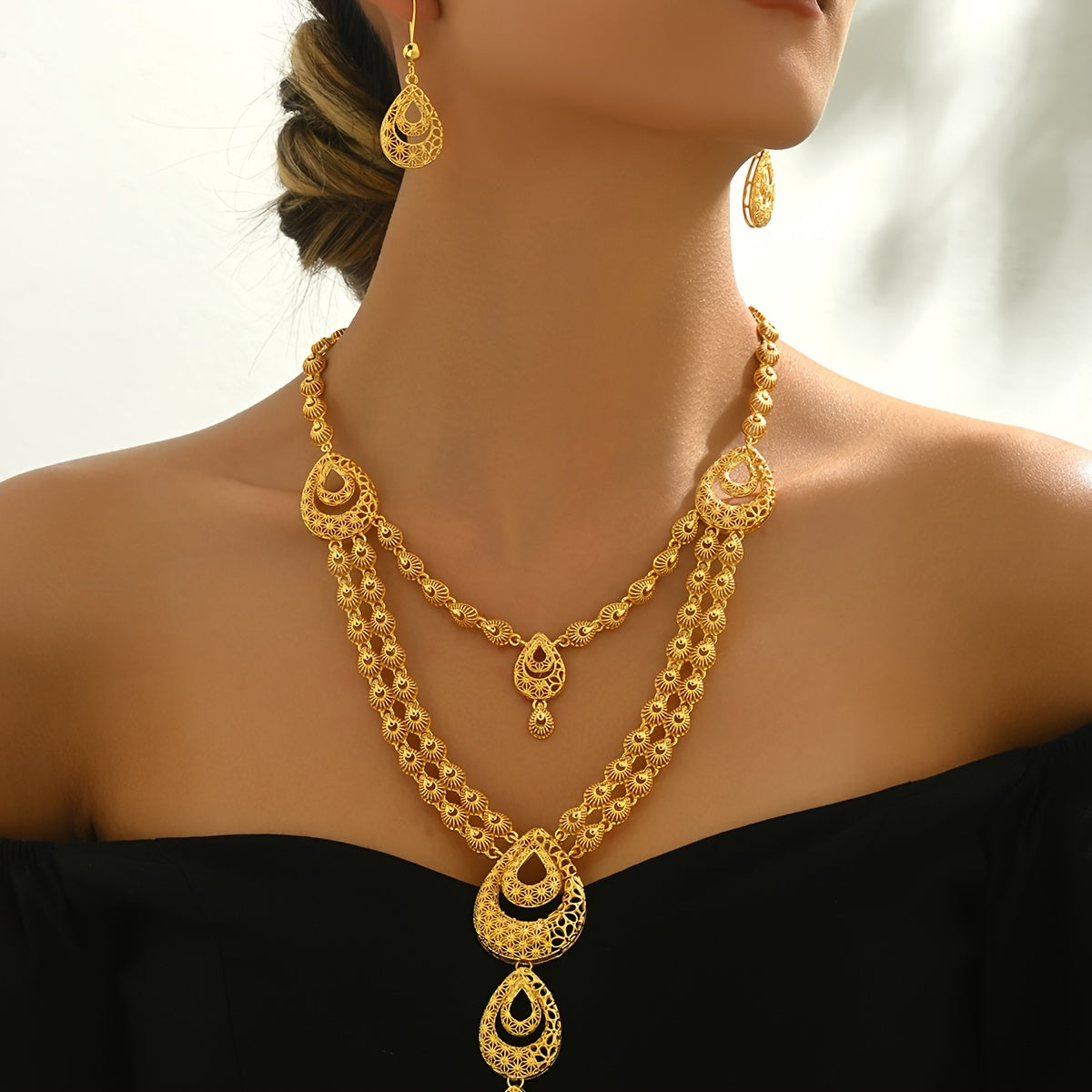 Vintage Waterdrop Necklace and Earrings Set Gold Alloy Wedding Jewelry