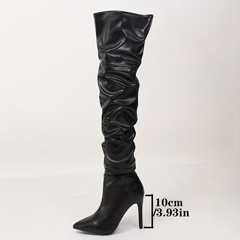 Women's Leather Pleated Stiletto Heel Over Knee Boots