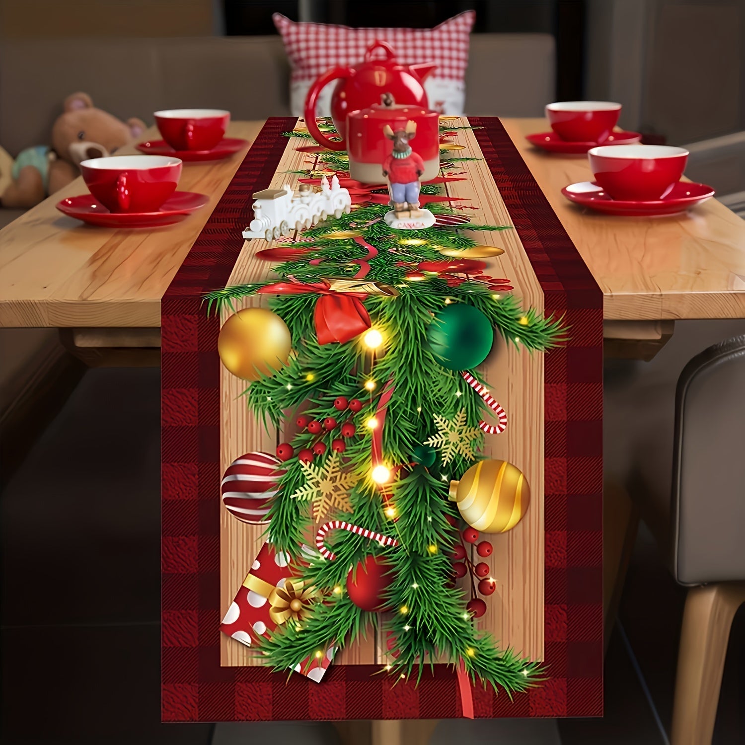 Linen Christmas Table Runner with Buffalo Plaid Merry Christmas Ball Pattern