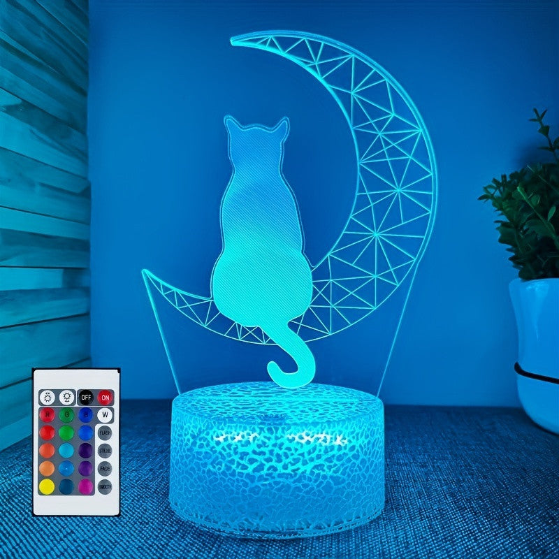 3D Moon Cat LED Night Light with 16 Colors Touch and Remote Control Warm White Base Gift