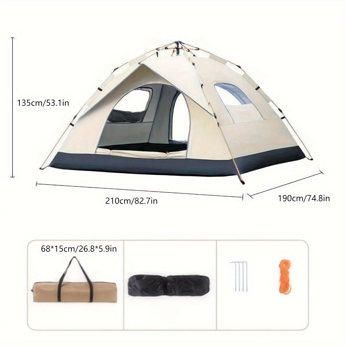 Light Brown Square Camping Tent for 4 People Waterproof Oxford Cloth with Zipper and Glass Fiber Frame