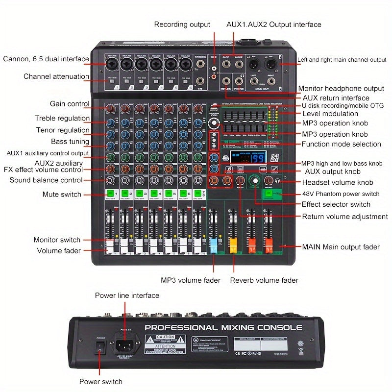 'NXG XF8/12/16 Professional Mixer Soundboard 8/12/16 kanalli, USB MP3 kompyuter kirishi, 48V fantom quvvati, 99 ta reverb effektlari va yozish funksiyasi bilan.'