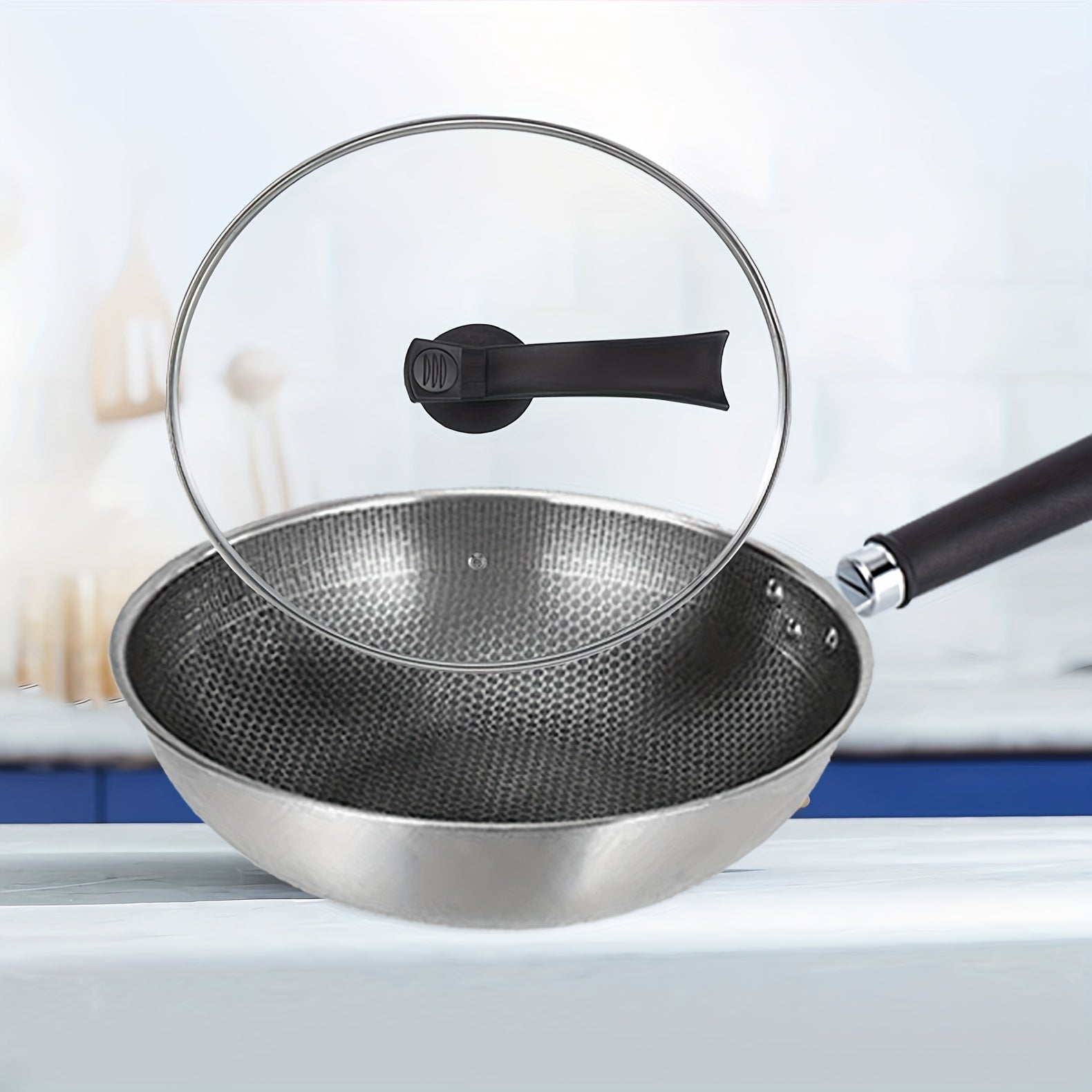 Wok de panal de acero inoxidable con tapa de cristal, antiadherente, soporte de hierro fundido, apilable