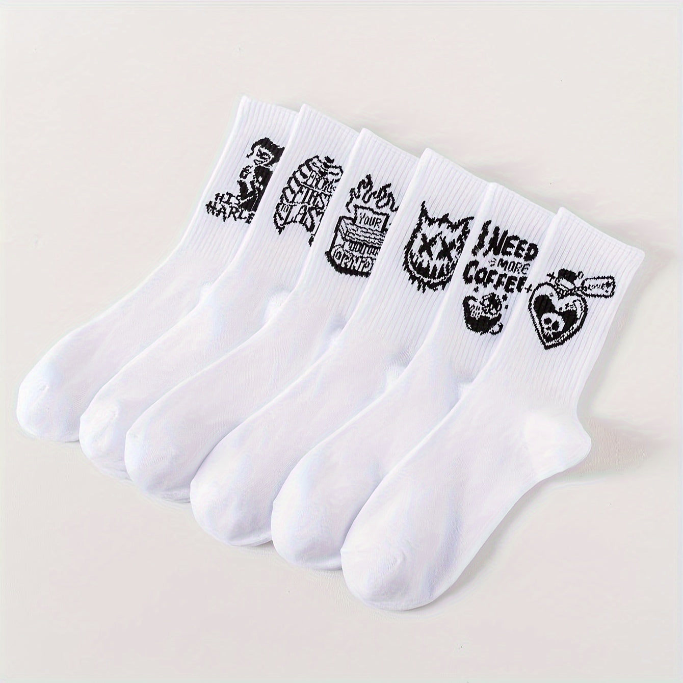 Men's Mid-Calf Socks 6-10 Pairs Black White Graffiti Pattern All Seasons