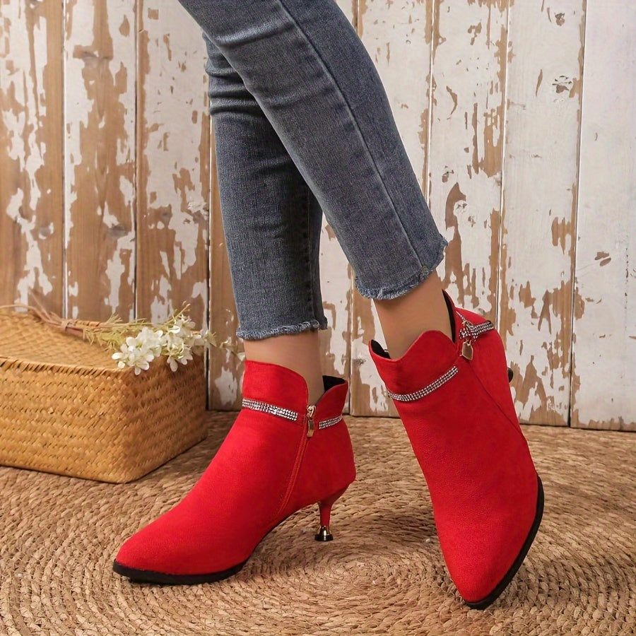 Women's Velour Metal Buckle Ankle Boots with Pointed Mid-Heels