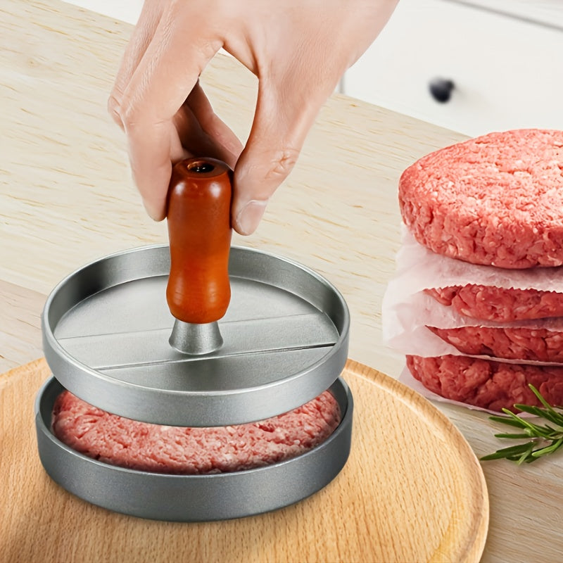 Grey Metal Burger Press with Non-Stick Coating and Wooden Handle
