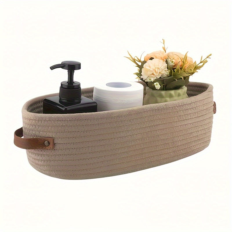 Bej teksturali hammom uchun saqlash savati, sun'iy charm tutqichlar bilan, oval tashkilotchisi tozalash va kir yuvish buyumlari uchun