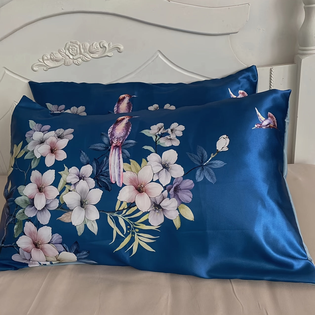 Set of 2 Satin Pillowcases with Floral Bird Patterns Reversible Envelope Closure