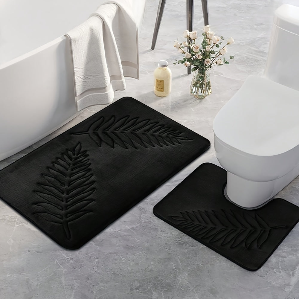 2-Piece Plush Memory Foam Bathroom Mats Non-Slip Absorbent Fern Leaf Design