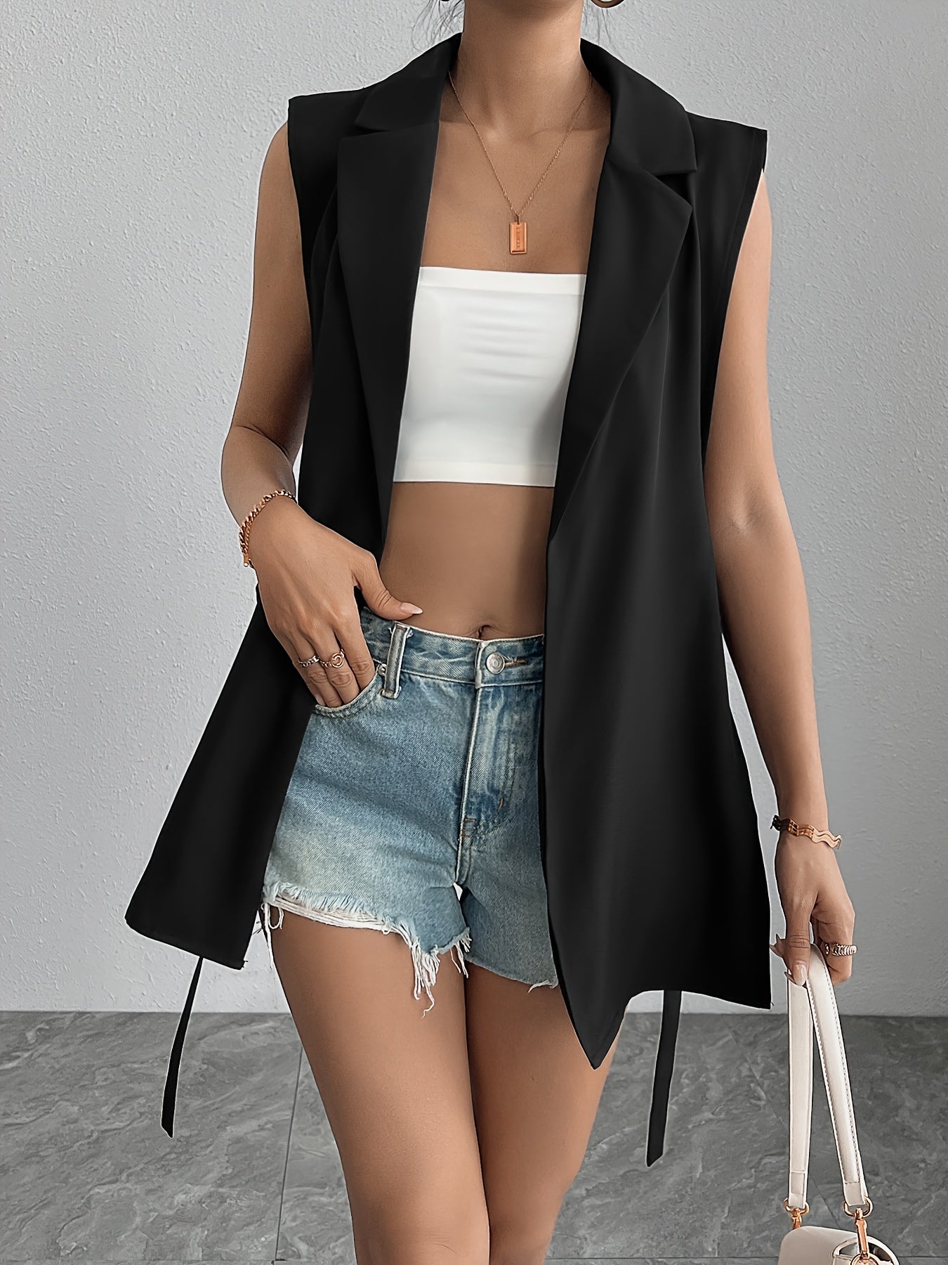 Women's Black Sleeveless Blazer with Lace-Up Detail Polyester Chic Lapel Casual Spring Summer Fall