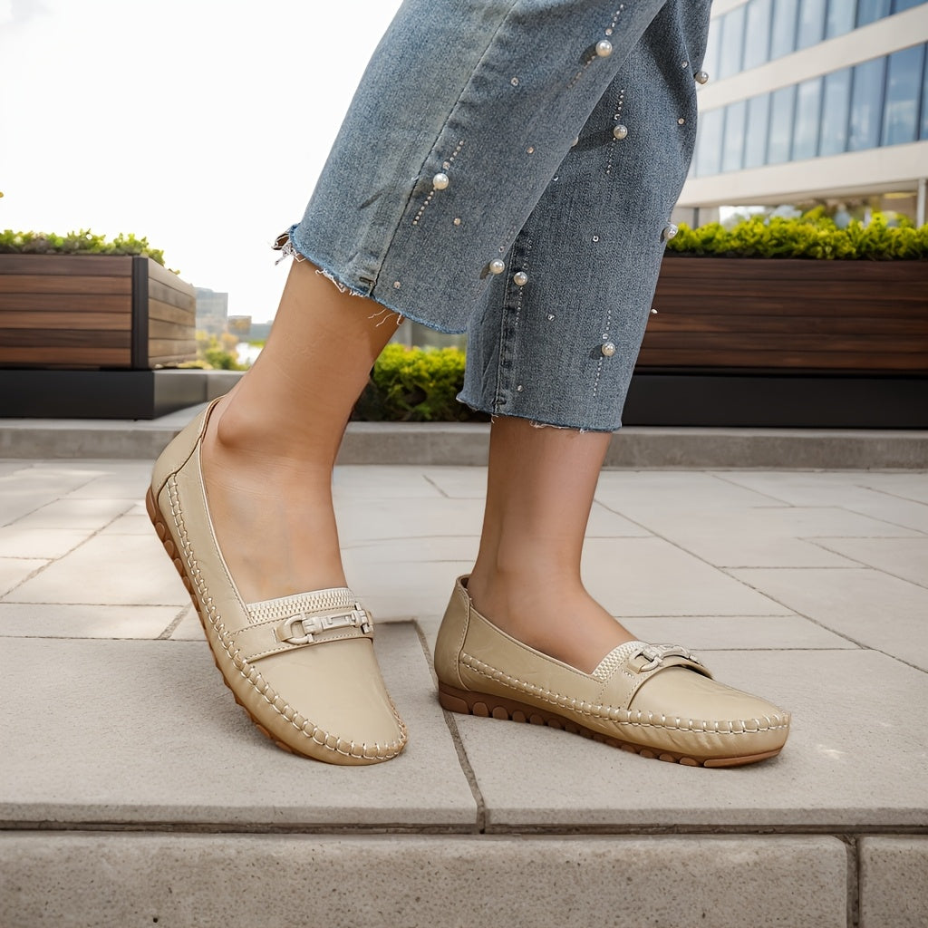 Women’s Breathable Flat Shoes - Round Toe Slip-Ons, White, All-Season