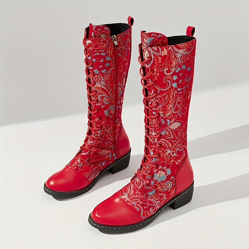Women's Floral Ethnic Knee-High Boots Zippered Block Heel All-Season