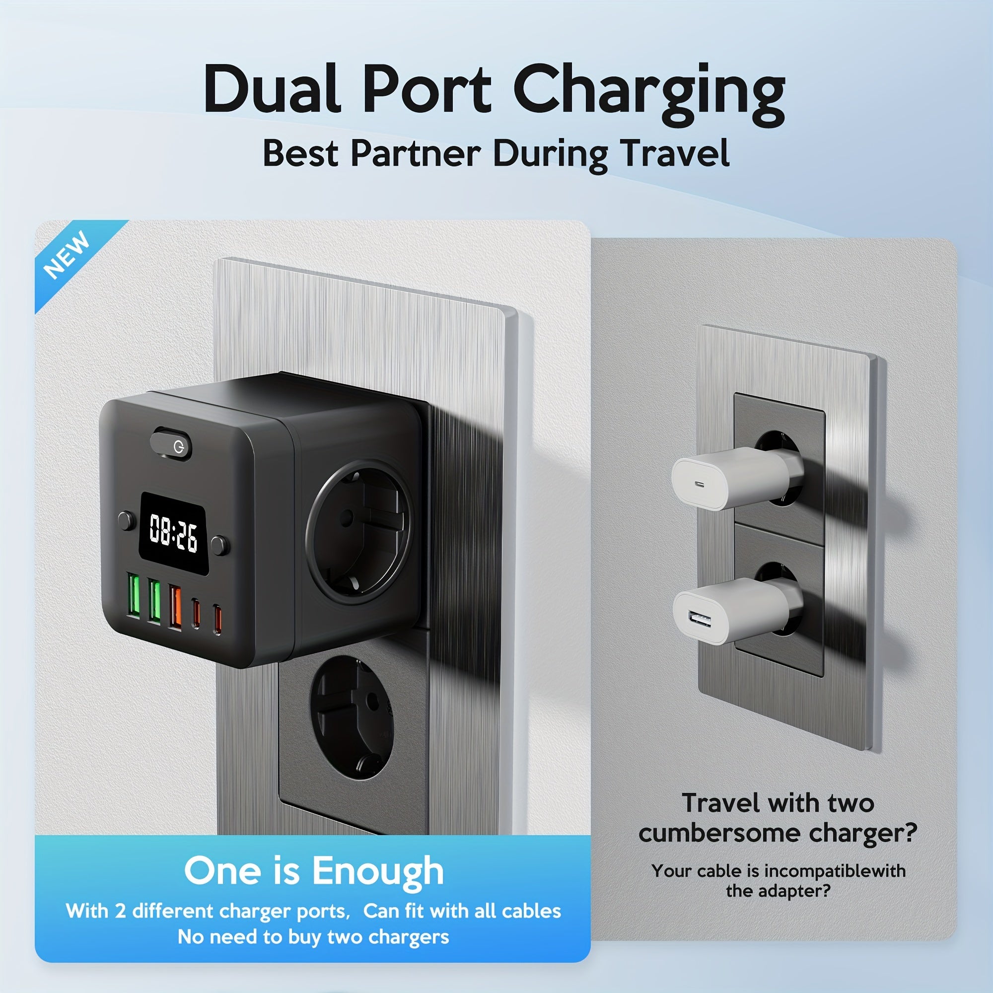 9-in-1 Power Strip with Clock 3 EU Outlets 3 USB-A Ports 2 USB-C Ports Overload Protection Wall Mountable