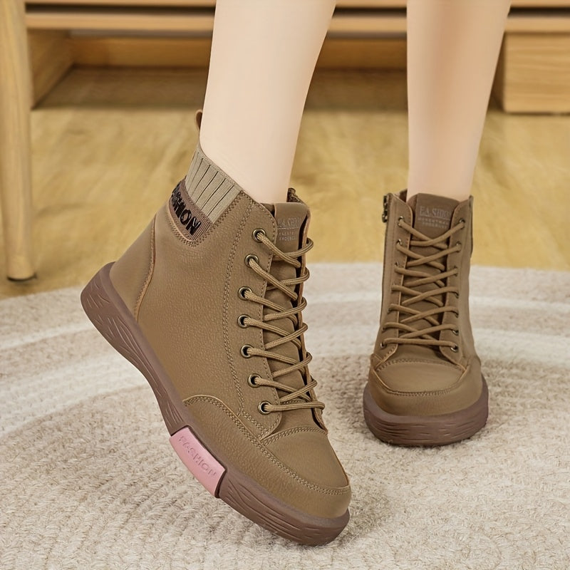 Women's Brown Faux Leather Lace-Up Boots Non-Slip Casual Formal