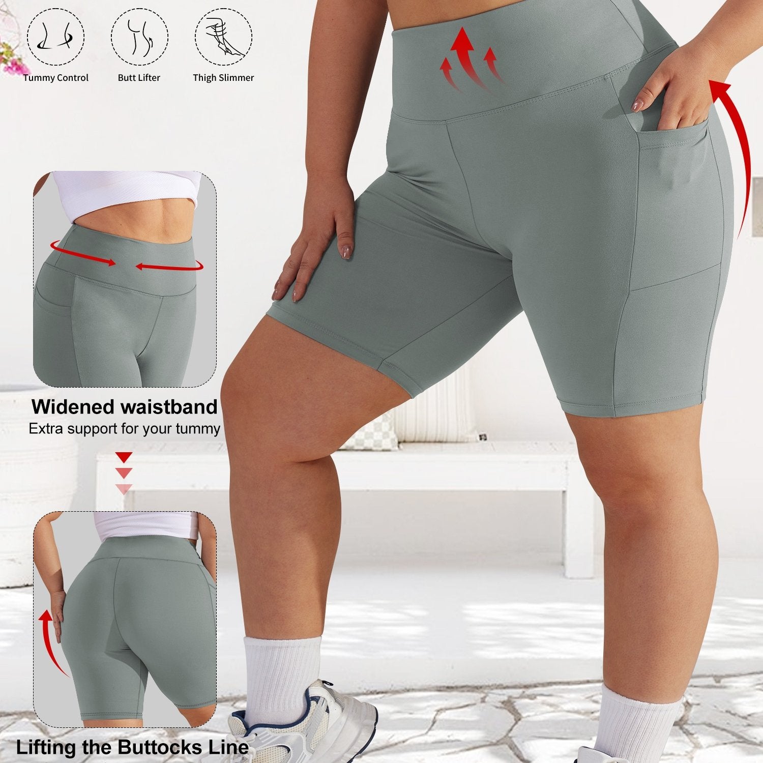 Women's Plus Size High-Waist Tummy Control Workout Shorts with Pockets