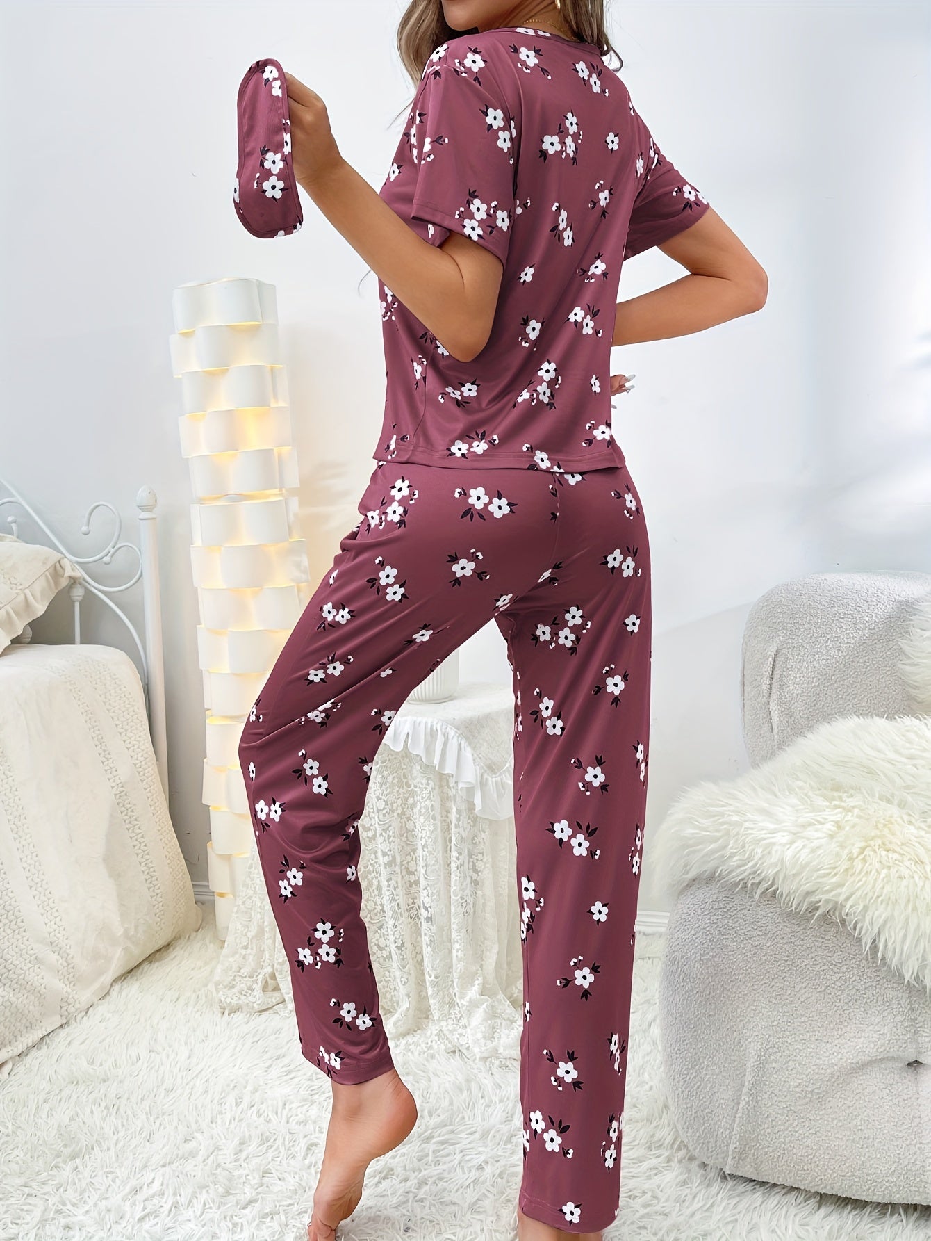 Women's Floral Print Sleepwear Set with Short Sleeve Top and Pants Summer Pajama Lounge Set