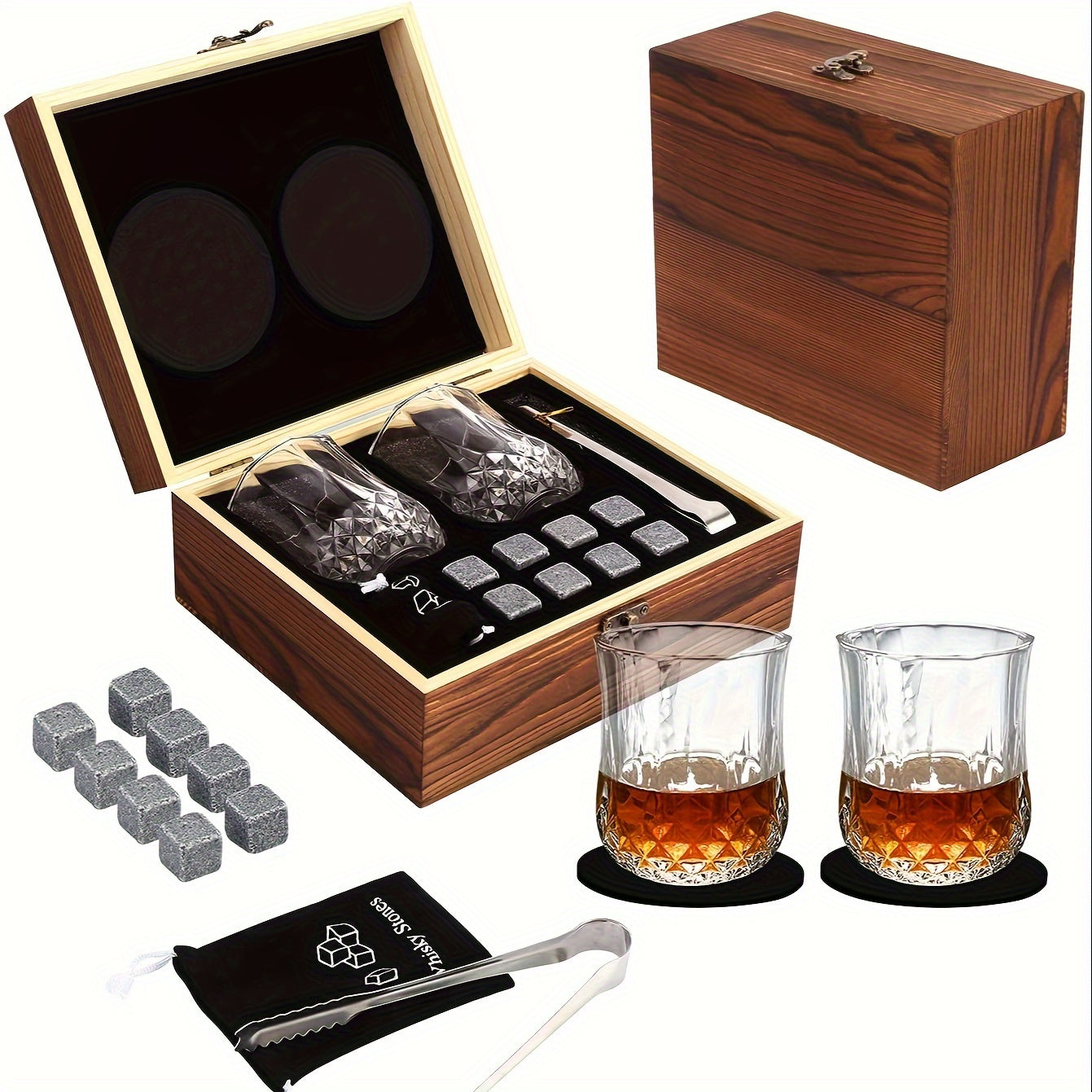Whiskey Gift Set with Stones Tumbler and Chilling Rocks in Wooden Box for Men