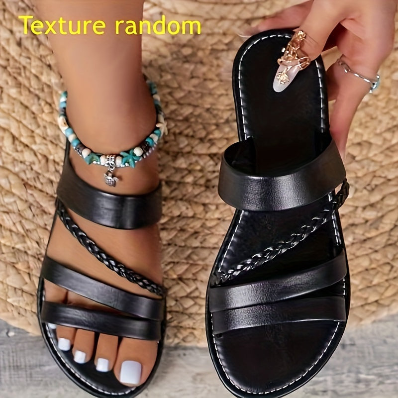 Women's Flat Braided Sandals Casual Summer Open Toe Black Strappy