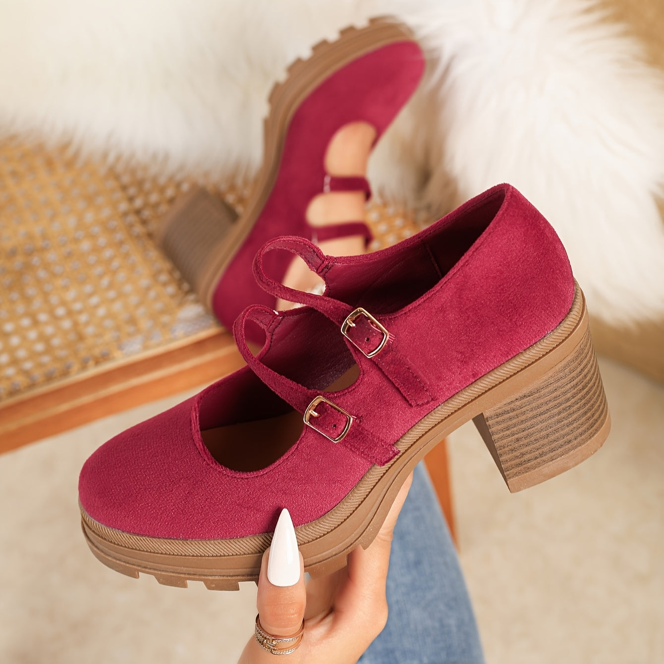 Women's Retro Chunky Heel Mary Jane Dance Shoes Beige Platform Slip-On Loafers