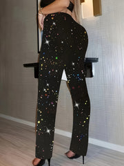 Women's Shiny Satin Straight-Leg High-Waisted Pants Black Size 8