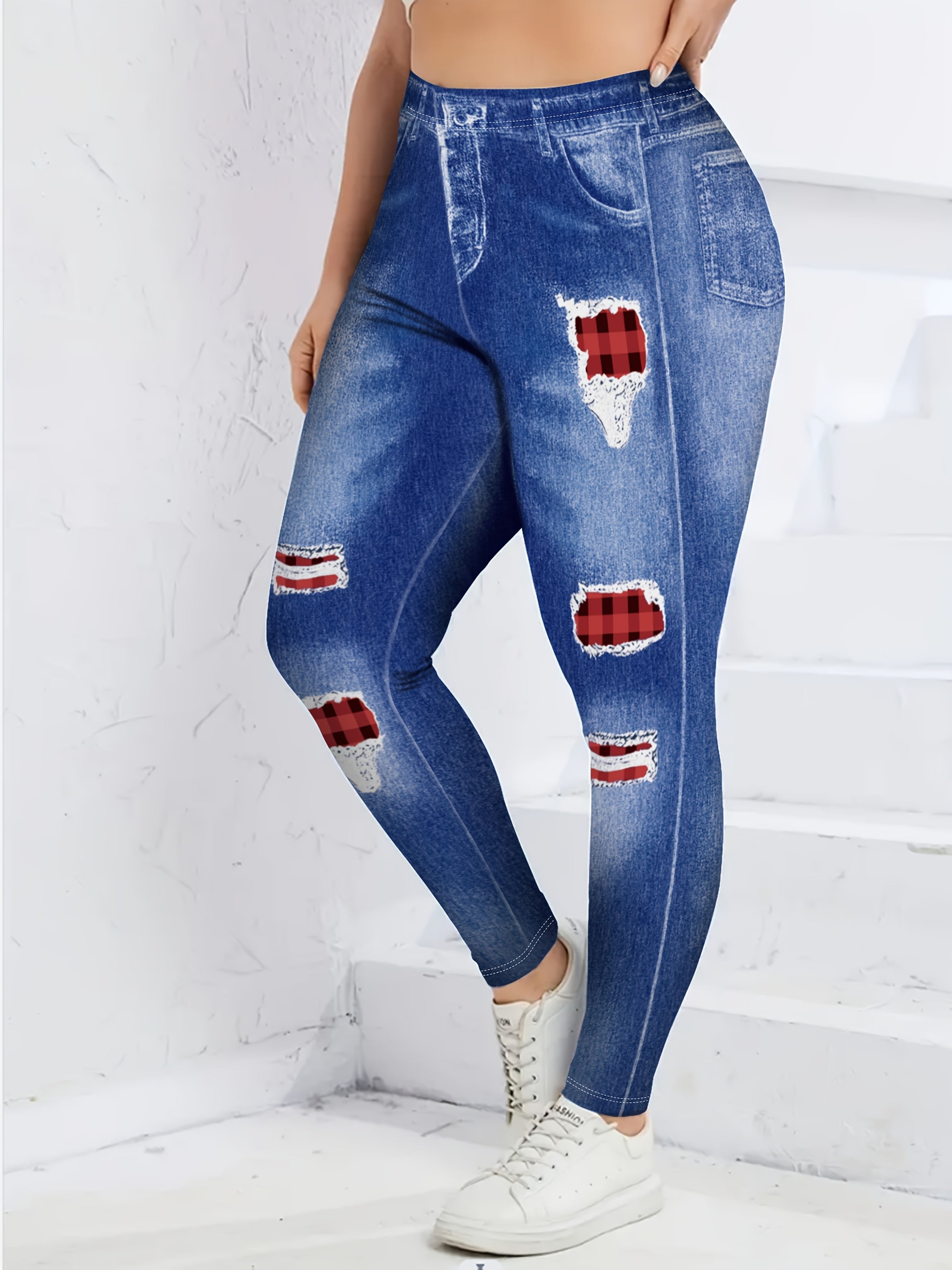 Plus-Size Digital Print Skinny Jeans Casual No Pockets Base Layer