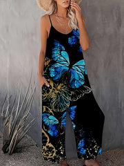 Plus Size Butterfly Print Wide Leg Jumpsuit Casual Sleeveless Romper