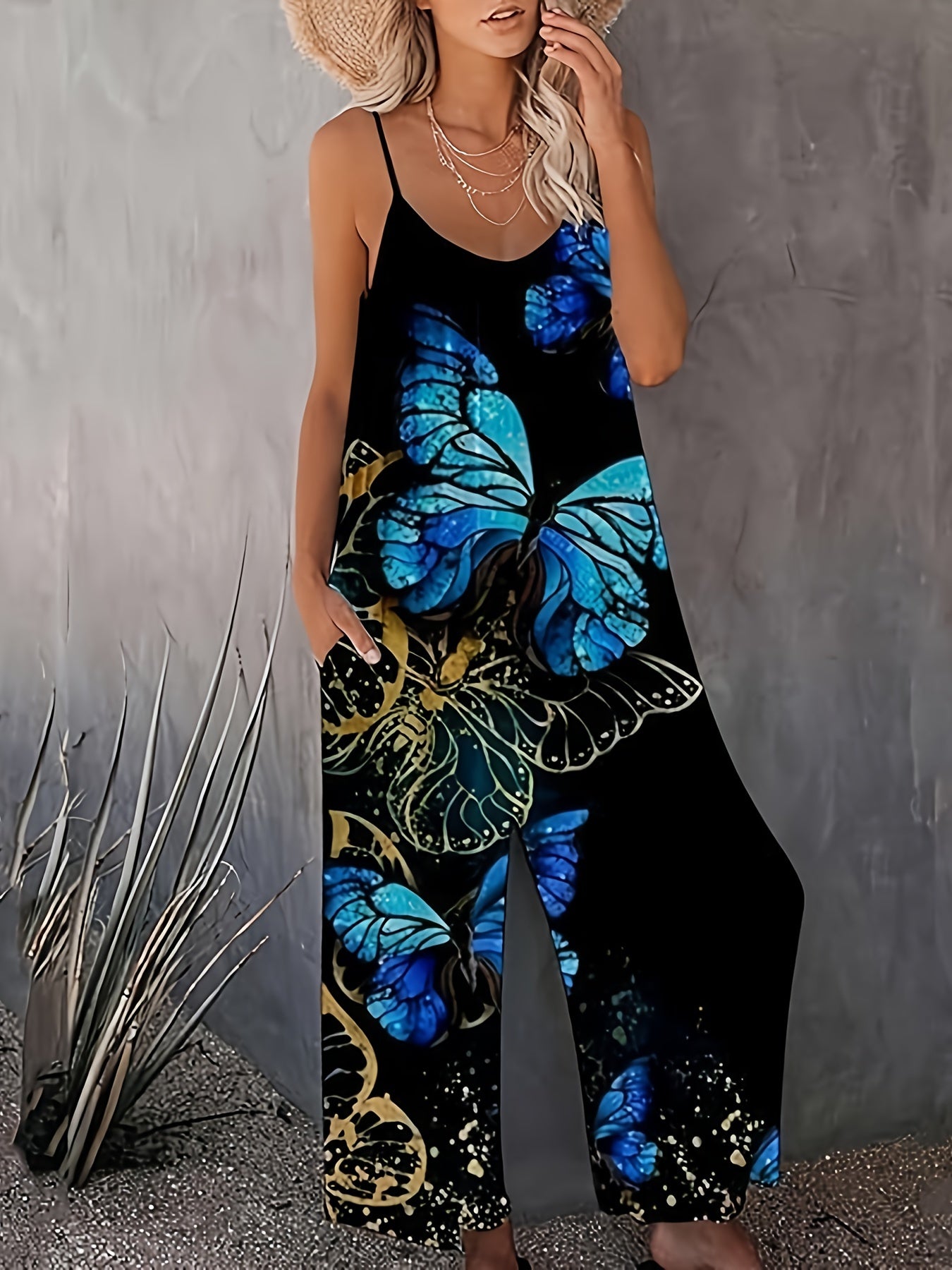 Plus Size Butterfly Print Wide Leg Jumpsuit Casual Sleeveless Romper